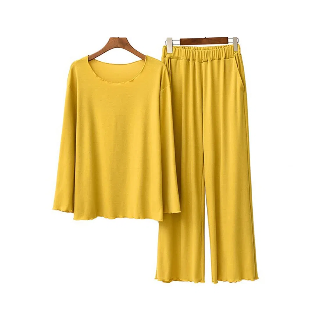 Conjunto de pijama cómodo de algodón suave y elegante con cuello redondo para mujer, amarillo, talla única