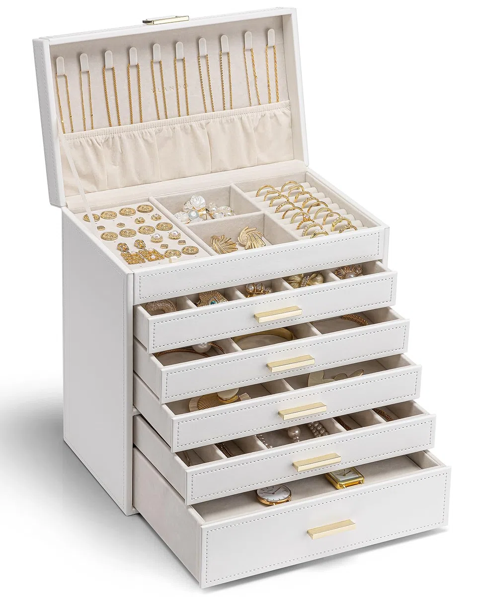 Vlando Joyero grande de 6 capas, organizador de joyas con soporte para collares, almacenamiento de joyas para anillos, pulseras y relojes, regalo para mujer (blanco)
