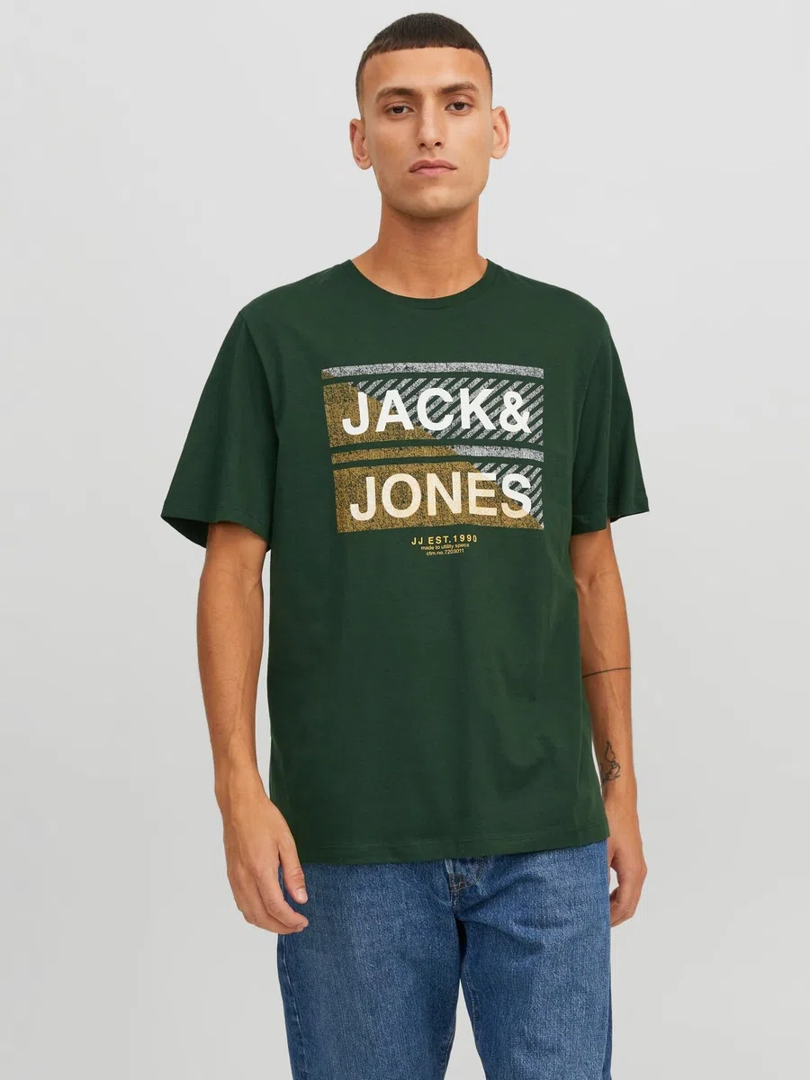 JACK & JONES Camiseta Hombre Pack de 3 – Manga Corta, Cuello Redondo, 100% Algodón, Básica y Casual, Diseño Estampado, Negro/Verde/Blanco