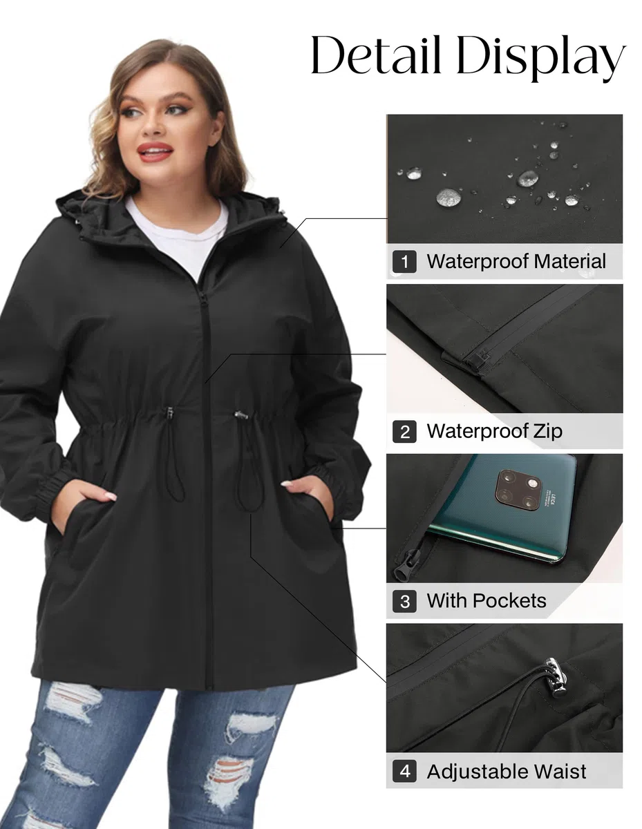 Hanna Nikole Chaqueta impermeable con capucha para mujer, talla grande, cortavientos