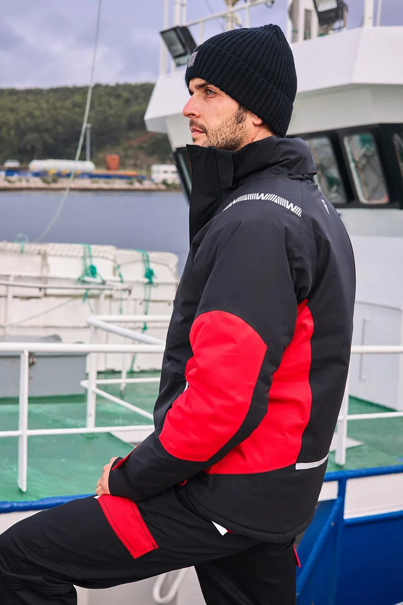 Teamwork WORKTEAM Parka con capucha combinada y detalles reflectantes, Acolchada. Ideal para trabajo, tiempo libre, etc. Unisex Negro+Rojo-XXL