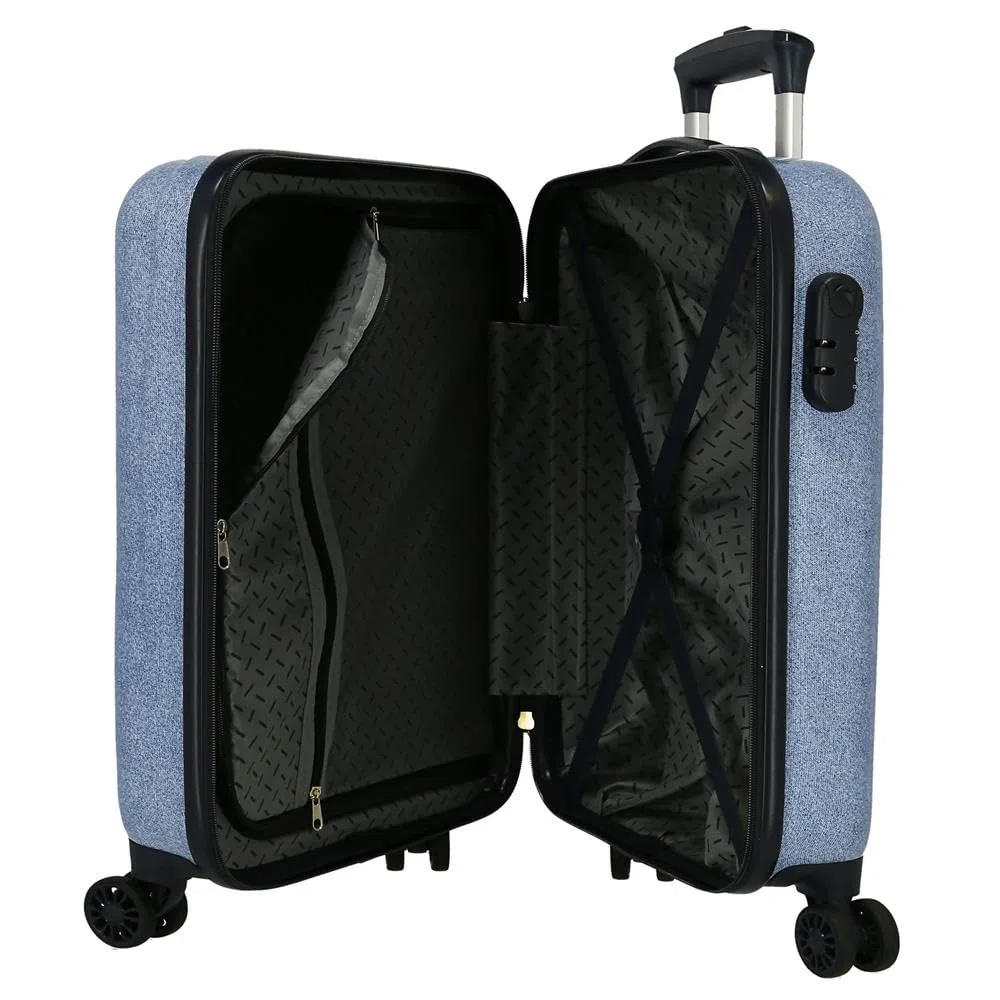 Pepe Jeans Noni denim, maleta cabina, neceser, Fabricada en ABS, un material resistente y ligero, Cuatro ruedas dobles de giro multidireccional, Cierre TSA para viajar seguro y proteger tus efectos
