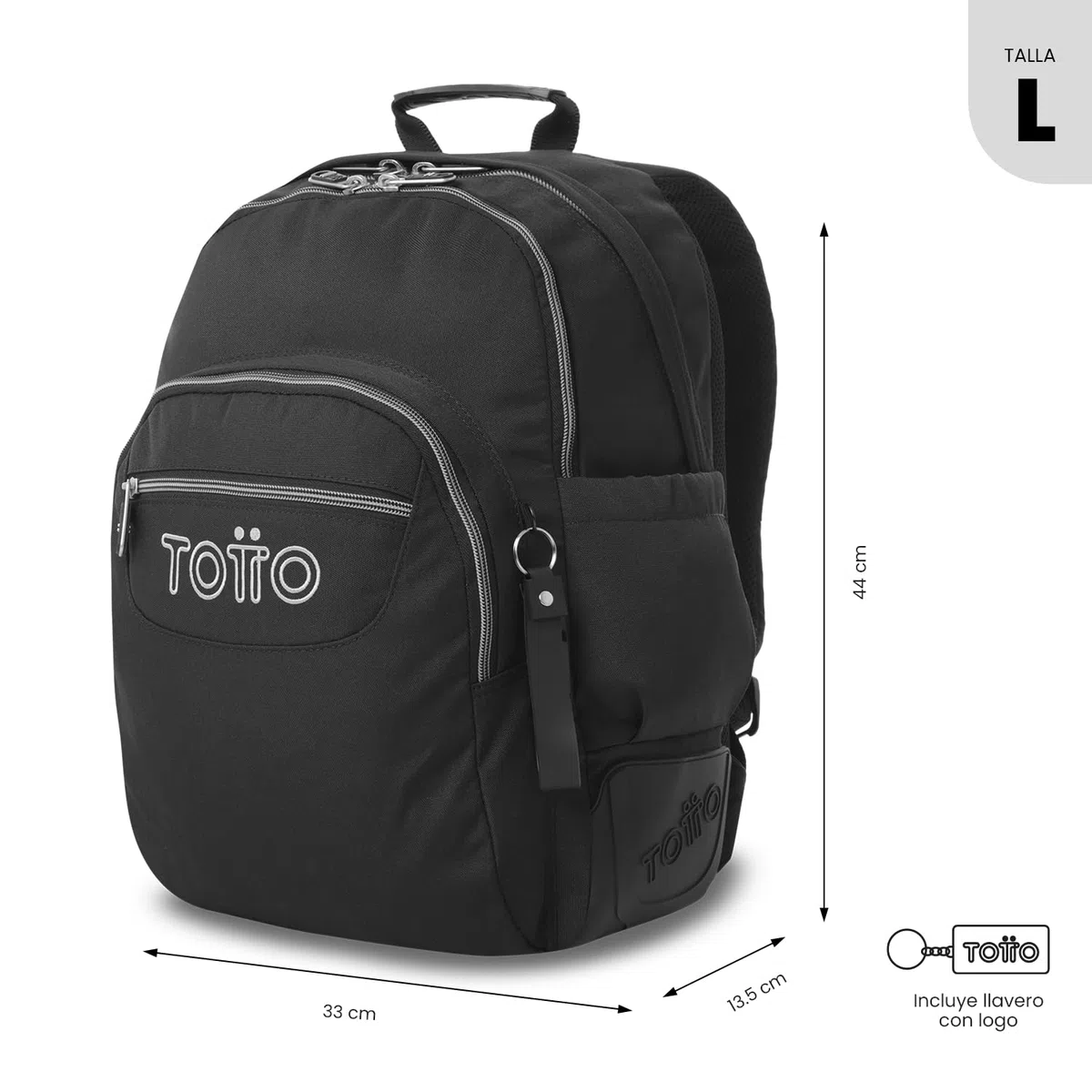 TOTTO - Mochila Escolar Grande, Modelo Rayol Ecole Solid, Capacidad 19 L, 3 Compartimentos, 2 Bolsillos Botella, Bolsillo PC 14", Espaldar Ergonómico con Flujo de Aire, Correas en S, Color Negro
