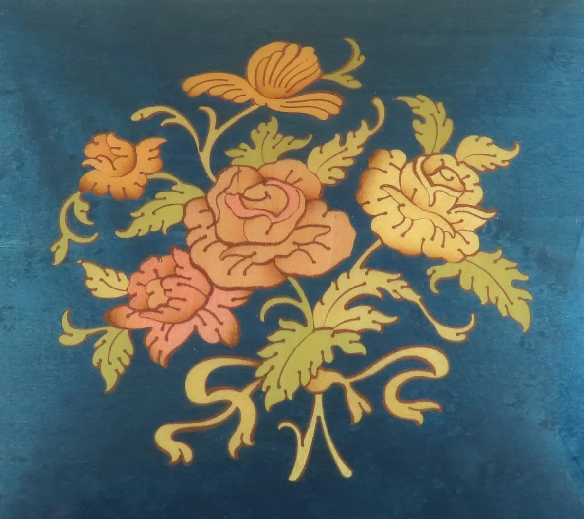 Joyero musical/caja de música para joyas de madera teñida de azul con marquetería ramo de flores y mecanismo musical de resorte de 18 notas - Over the rainbow - El mago de Oz (Harold Arlen).