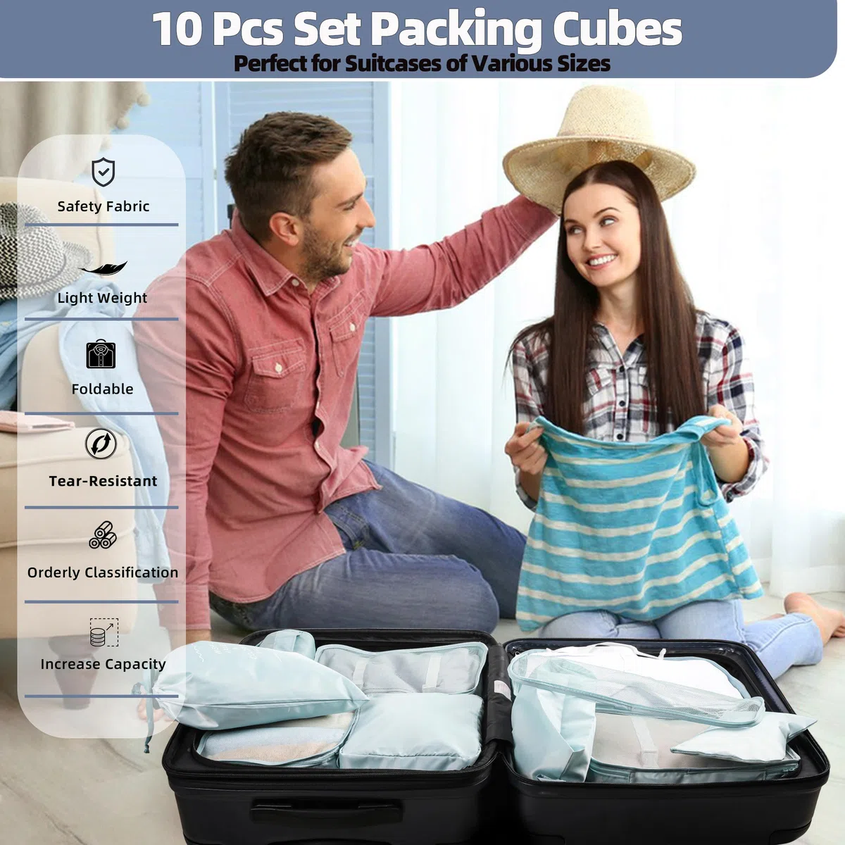 Juego de 10 cubos de embalaje para viajes, organizador de maletas esenciales de viaje, bolsas organizadoras de equipaje, organizadores de equipaje expandibles, bolsas de viaje, cubos de embalaje para