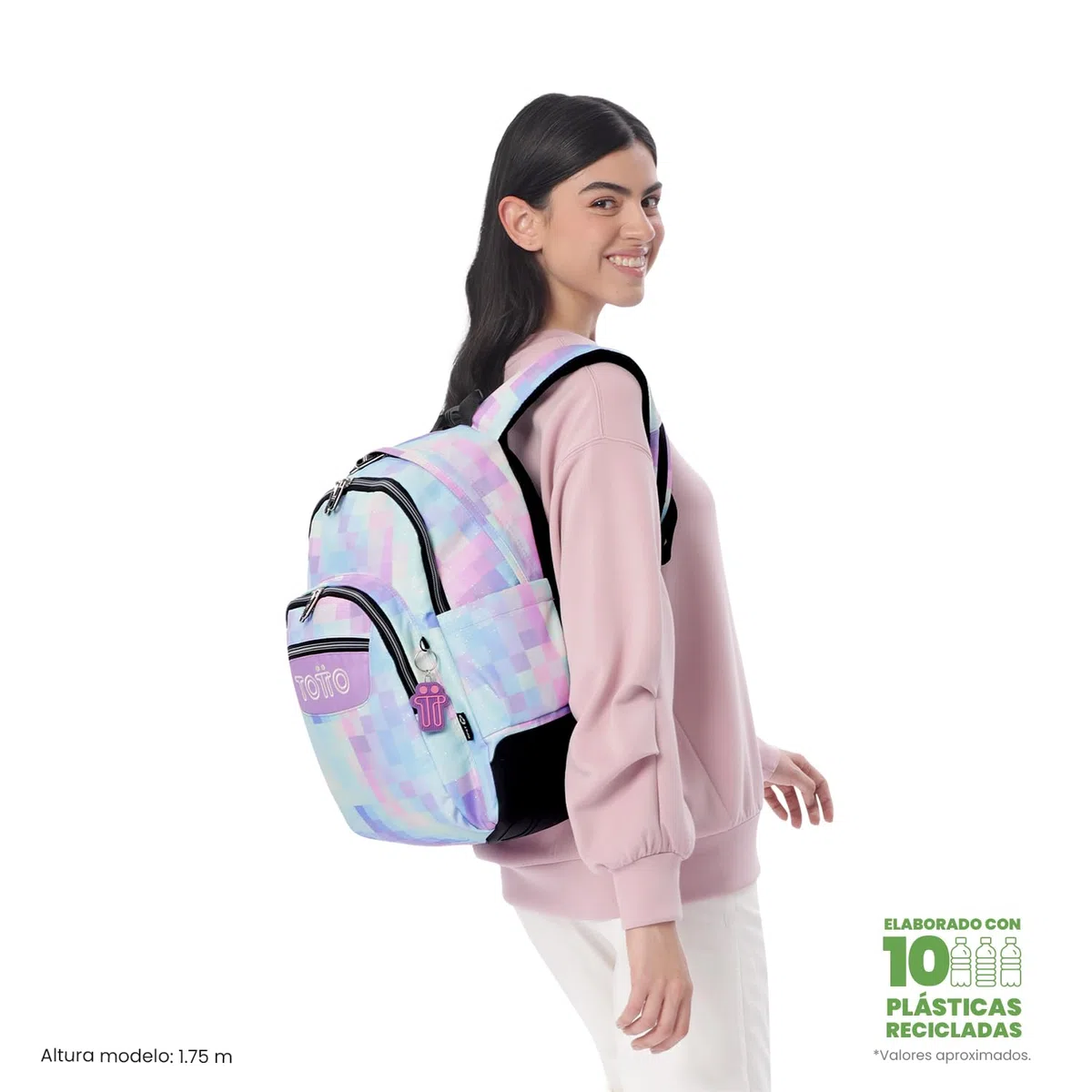 TOTTO - Mochila Escolar Grande, Modelo Rayol Glitter, Capacidad 19 L, 3 Compartimentos, 2 Bolsillos Botella, Bolsillo PC 14", Espaldar Ergonómico con Flujo de Aire, Correas en S, Estampado Pixelly