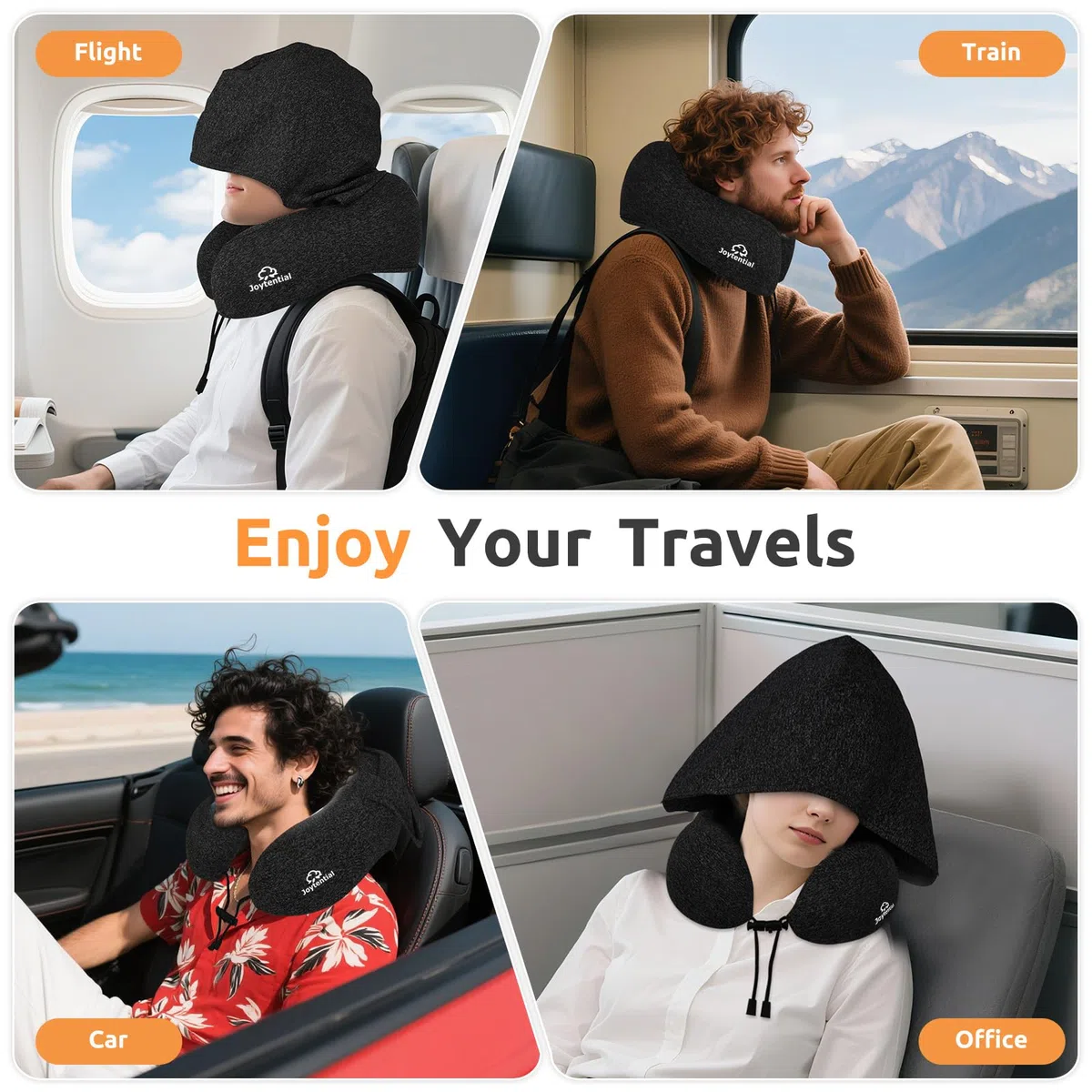 Almohada de Viaje con Capucha, Almohada Cuello de Espuma Memoria Confort, Negro Oscuro