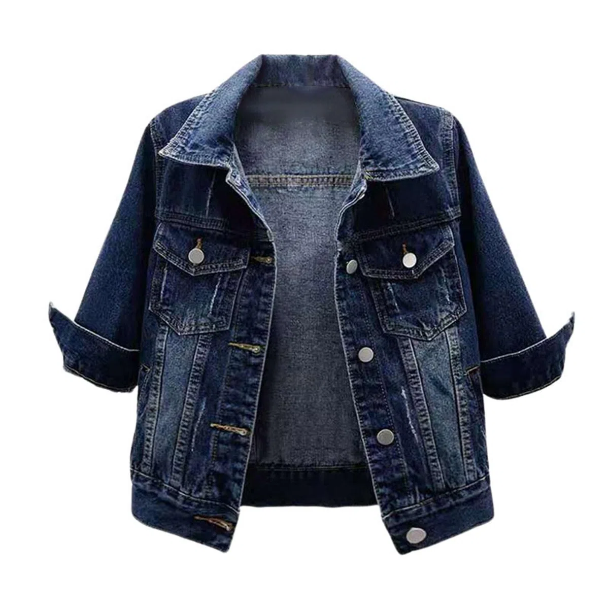 Chaqueta vaquera corta de manga para mujer, informal, a la moda, con botones, bolsillos, ideal para primavera y verano, varios lavados, estilo casual_2