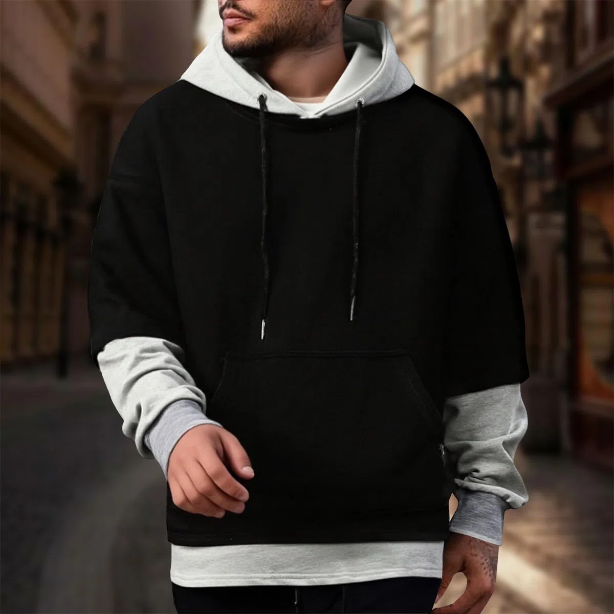 Sudaderas con Capucha Corta Sudadera Oversize Estilo Patchwork para Hombre, Nueva Otoño Juveniles (Black, L) Camisas Manga Larga Hombre Chaqueta Entretiempo Ropa Gym Ciclismo Oversized
