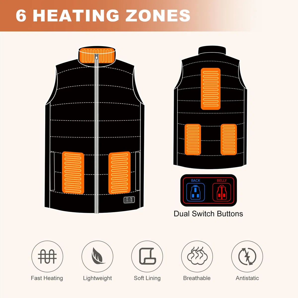 Chaleco calefactado, chaleco térmico eléctrico ligero para hombres y mujeres, chaleco de calefacción de 6 zonas de calefacción de 3 temperaturas