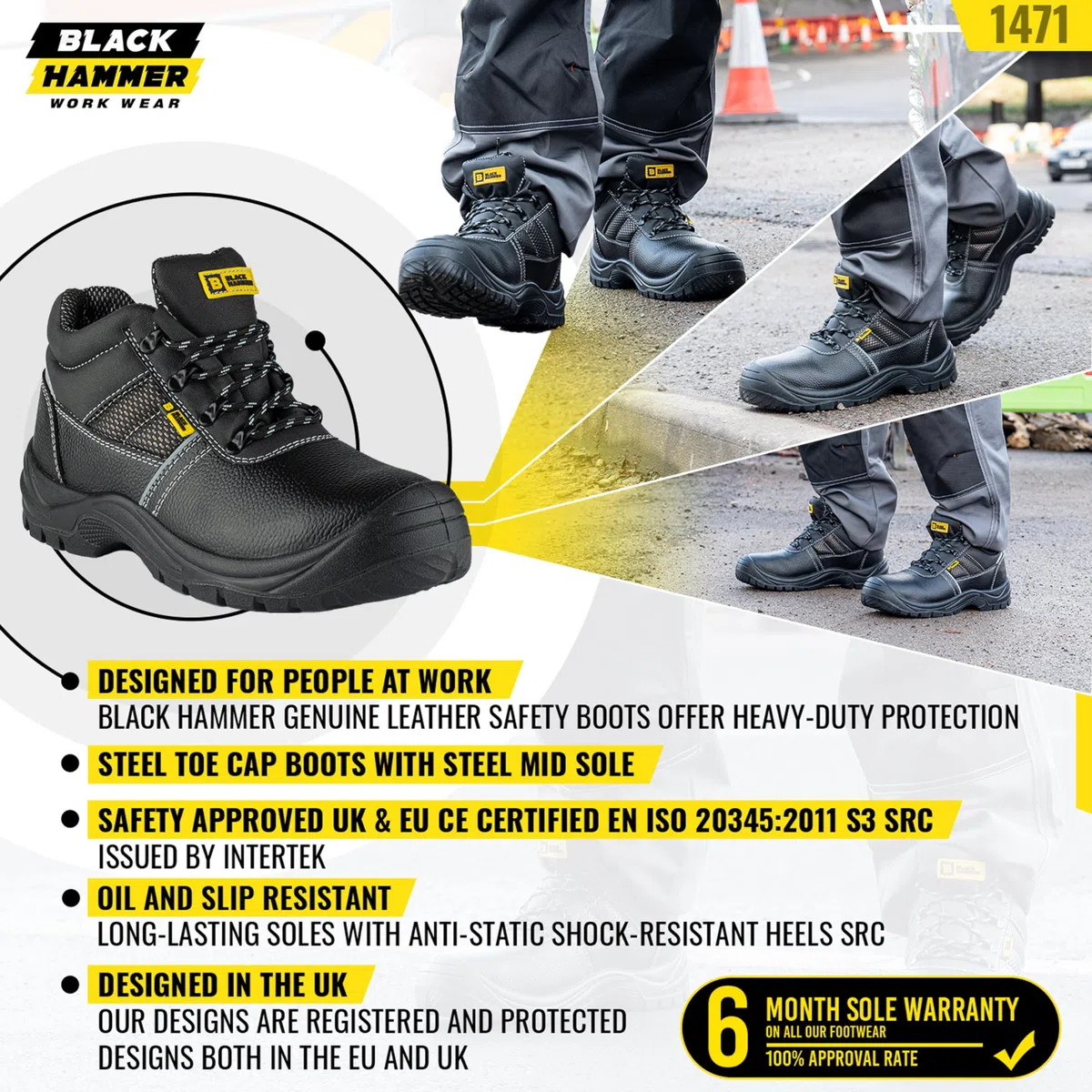 Botas de Seguridad Puntera de Acero para Hombre Resistente al Aceite y al Deslizamiento S3 SRC Zapatos de Trabajo Negro Hammer 1471 Negro (45 EU)