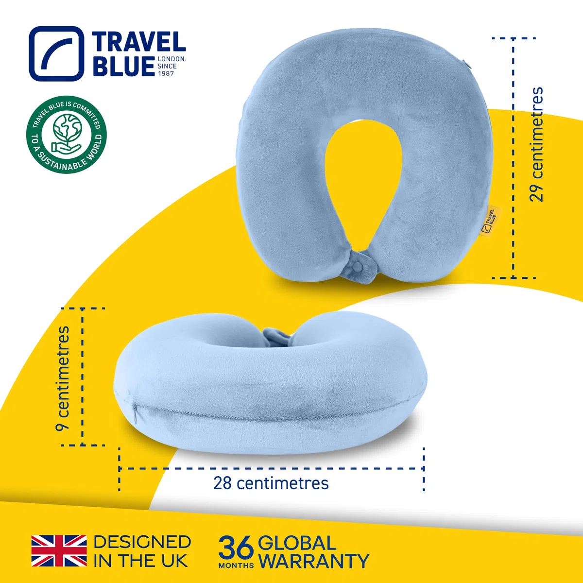 Travel Blue Almohada Cervical de Espuma Viscoelástica – Compacta y Ligera Almohada de Viaje con Soporte para el Cuello – Ideal para Coche, Tren, Avión – Funda de Poliéster Desmontable y Lavable