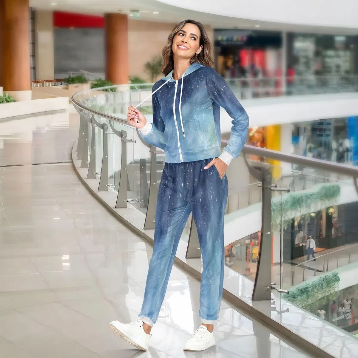 Conjunto deportivo de 2 piezas para mujer, diseño de acuarela, cielo nocturno, estrellas, manga larga, color azul