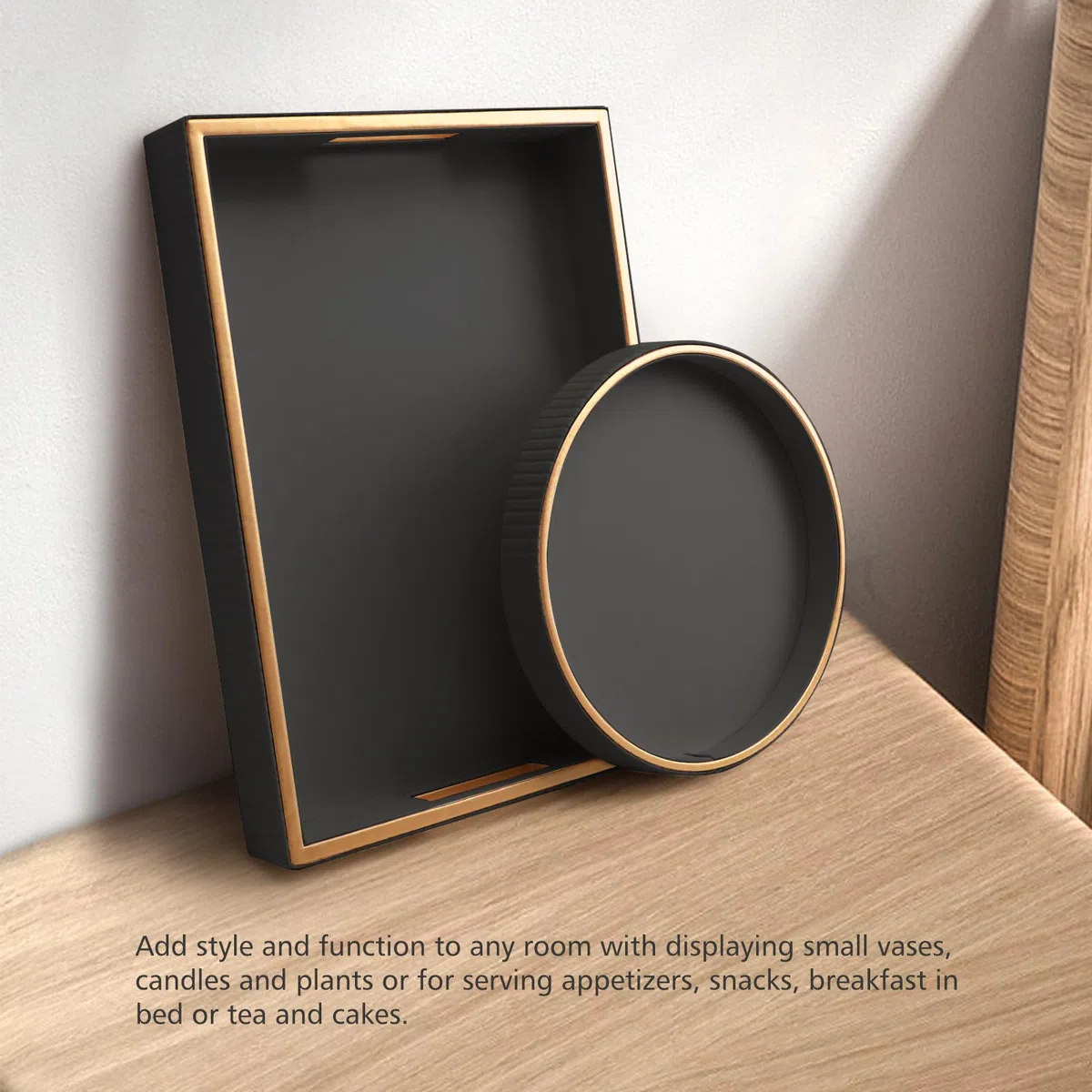 SANZIE Bandeja de cuero organizadora de almacenamiento de escritorio, bandeja decorativa de alta calidad, apta para cosméticos, cartera de teléfono, cubiertos (soporte negro con disco)