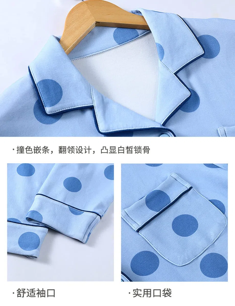 Pijamas Mujer Invierno,Conjuntos De Pijamas para Mujer Estampado De Lunares con Solapa De Algodón Azul Claro con Bolsillo Pijama De Manga Larga Cálido Y Acogedor Clásico Top & Amp; Conjunto De Pa