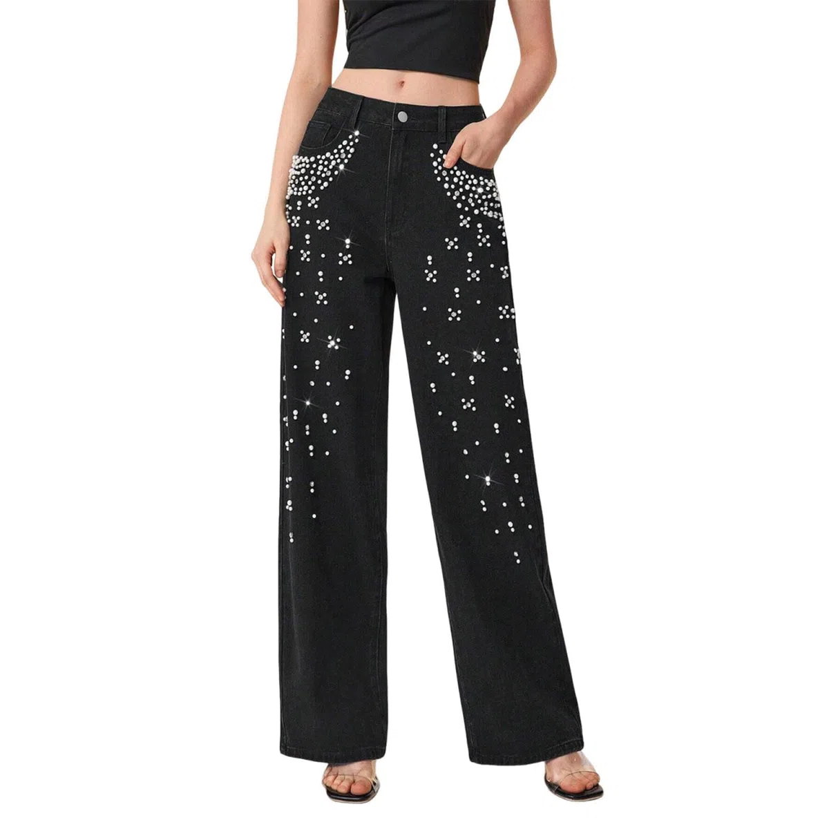 Pantalones Vaqueros De Mujer con Perlas Y Pedrería, Estilo Y2k; Corte Recto Y Ancho De Tiro Alto, Estilo Boyfriend Holgado, Casual Y De Tendencia.