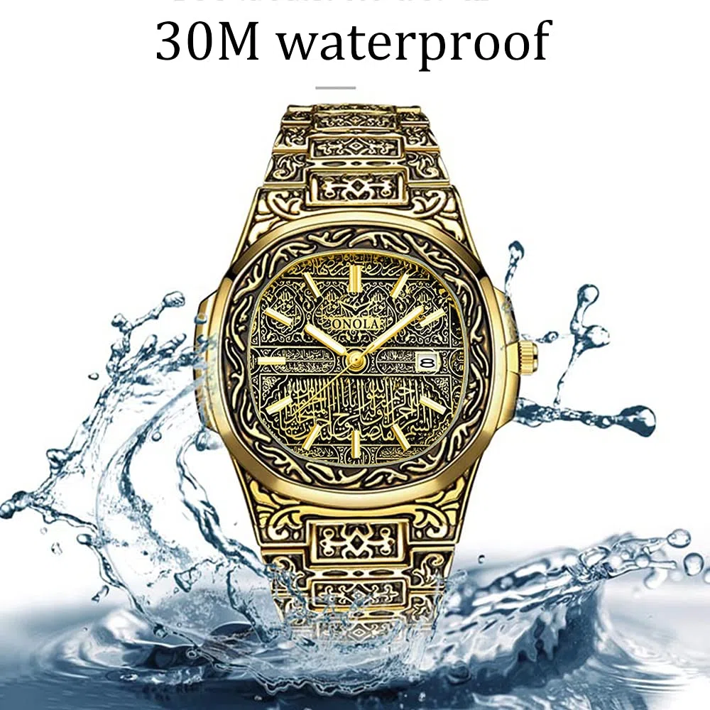 Relojes de cuarzo retro de los hombres con patrón de tatuaje tallado pulsera de acero inoxidable calendario impermeable reloj de pulsera