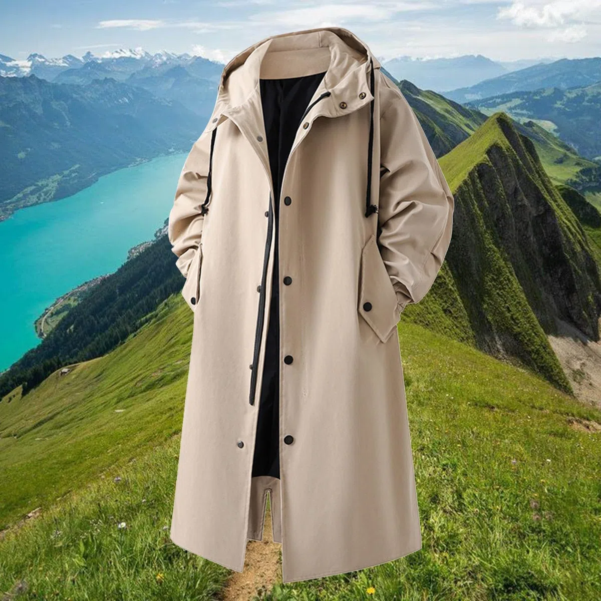 Chaqueta cortavientos genérica con capucha, impermeable ligera y larga, abrigo de senderismo al aire libre, anorak de invierno cálido, ropa de lluvia a prueba de viento