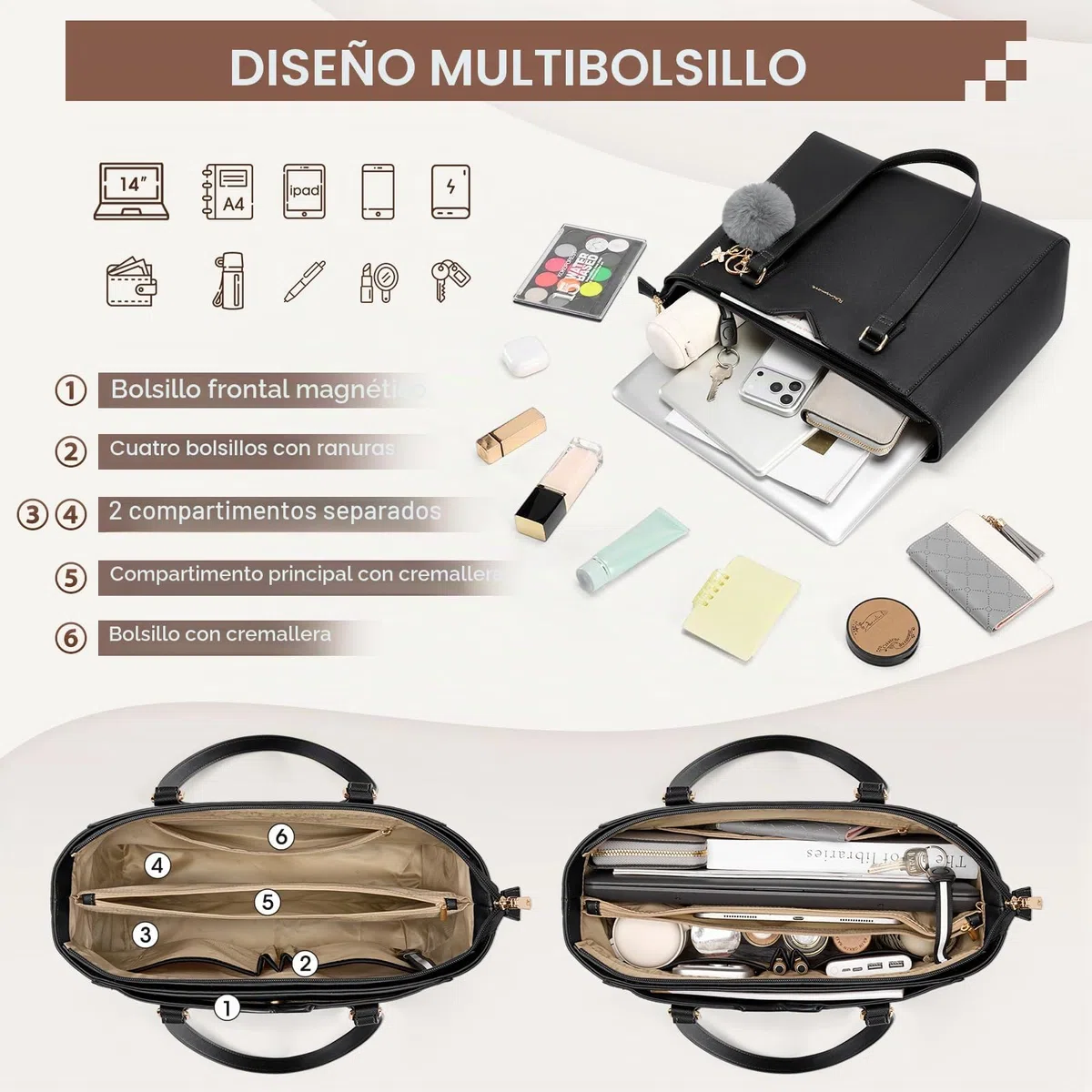 RAINSMORE Bolso Mujer Grande Bolso Universidad Impermeable Bolsos Shopper Tote Mujer para Portátil Cuero PU con Pompon Extraíble para Trabajo Escuela Viajes