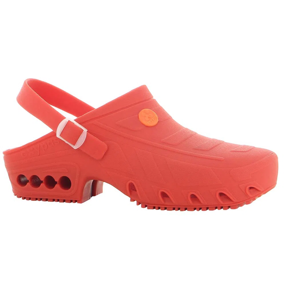 Oxypas Zapatos de Trabajo para Mujer - Antiestáticos y Antideslizantes Zapatos de Seguridad para Hombre, Zuecos Ligeros para Uso en Medicina, Cuidado y Gastro, Antibacteriano, oxyclog, Rojo, Talla