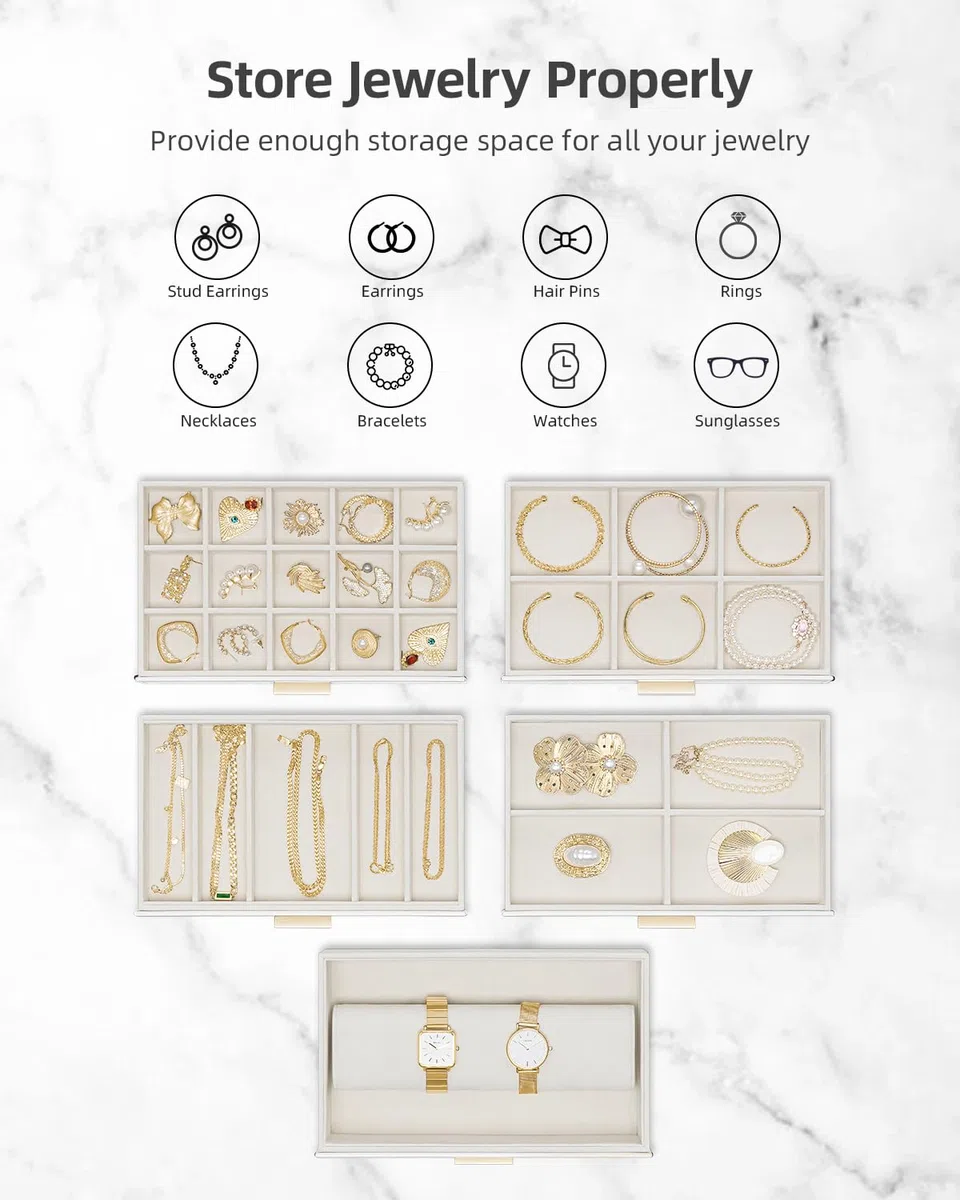 Vlando Joyero grande de 6 capas, organizador de joyas con soporte para collares, almacenamiento de joyas para anillos, pulseras y relojes, regalo para mujer (blanco)