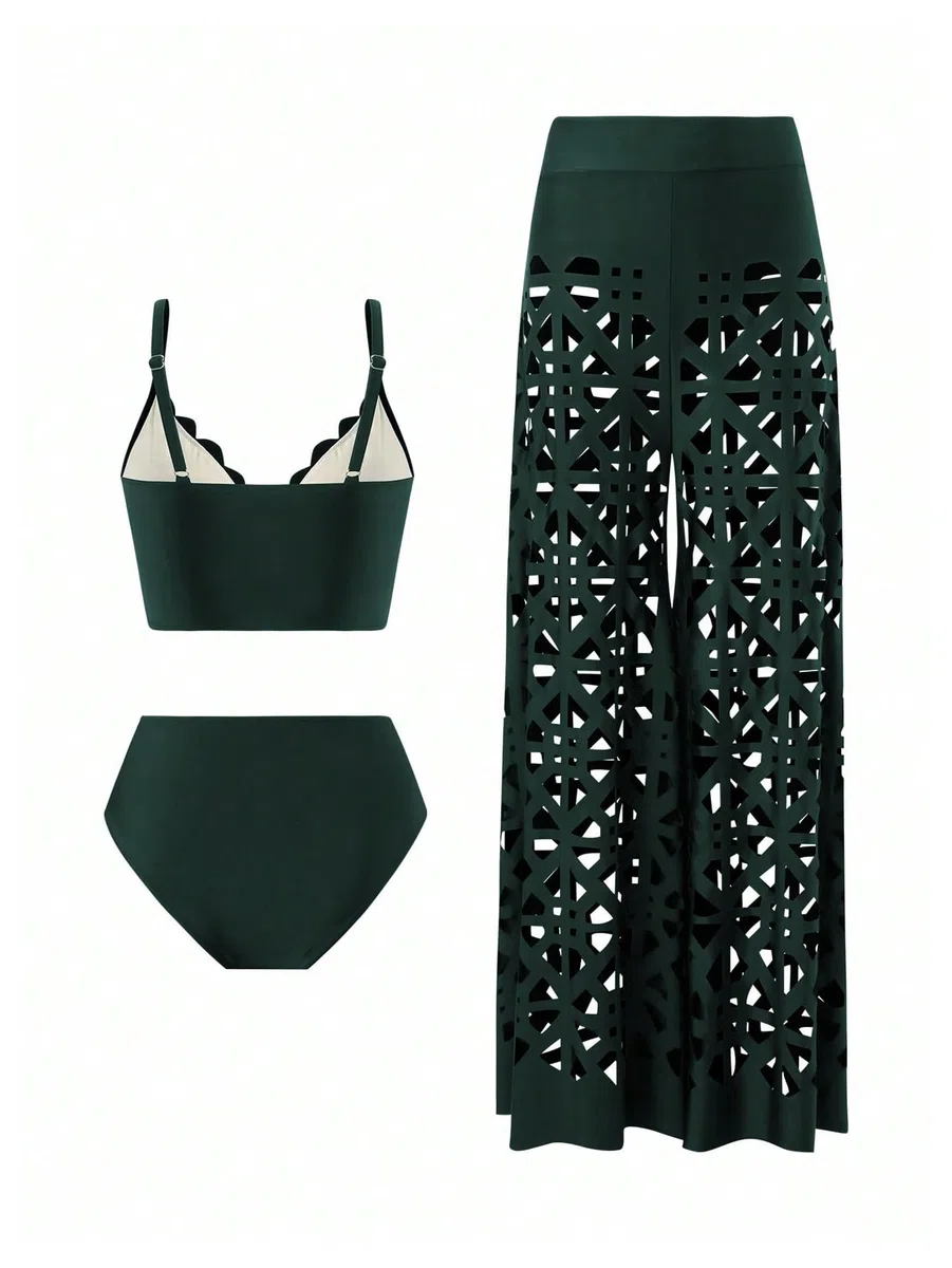Traje de baño de 3 piezas para mujer, conjunto de bikini hueco con pantalones de cobertura, color verde, talla M