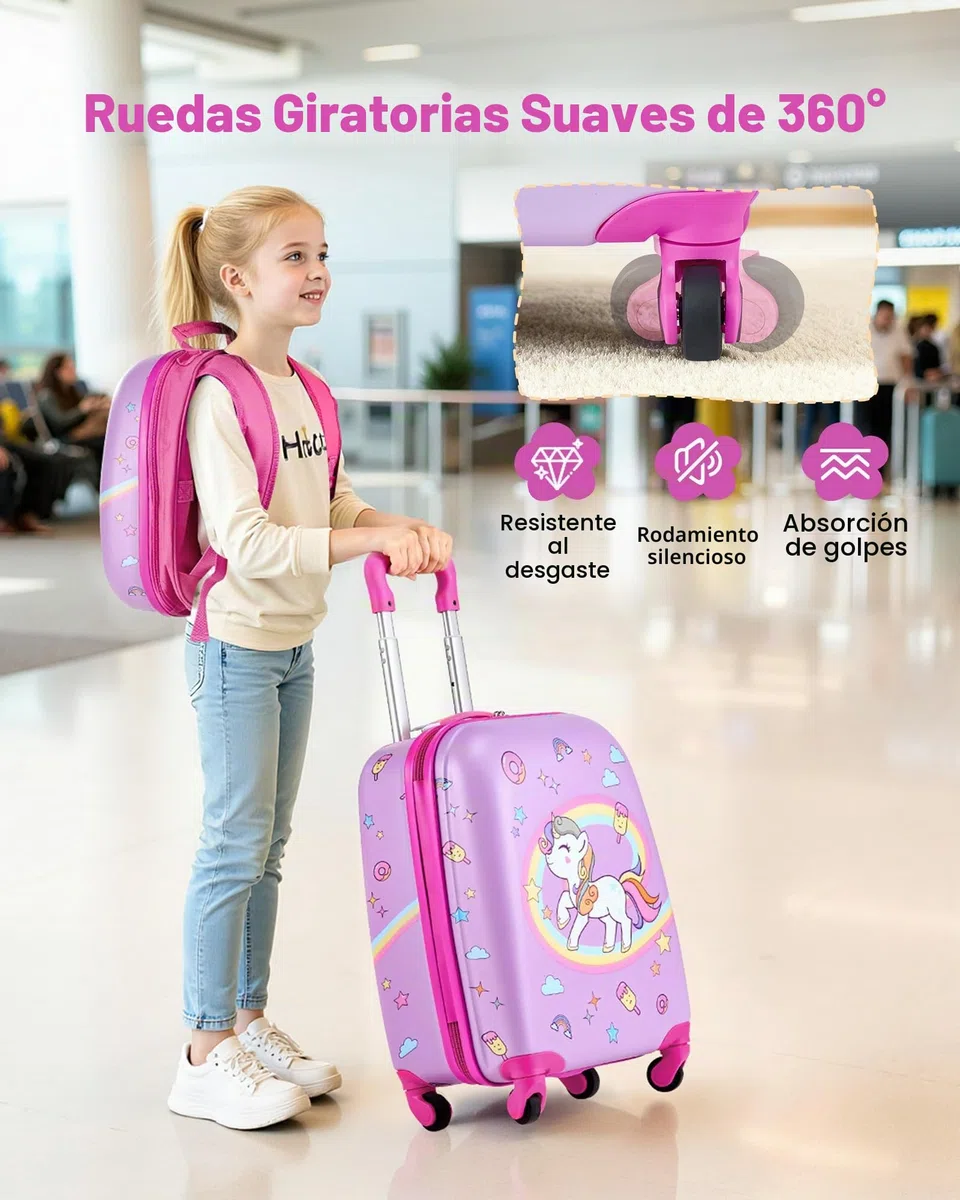 VEVOR Juego de Maletas para Niños 2 Piezas, Maleta de Cabina con Ruedas 45,7 cm Mochila de Carcasa Dura, Patrón Unicornio Rosado, Equipaje Infantil para Escuela Viaje Camping, Aprobado por Aerolíneas