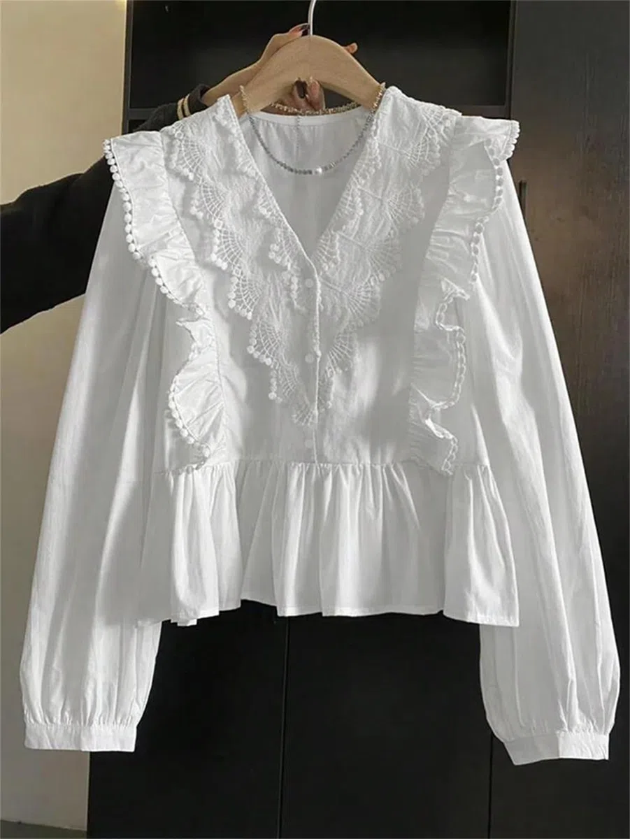 Genérico Blusa de Gasa con Cuello en V y Volantes de Manga Larga con Encaje y Patchwork para Mujer, Elegante Blusa de Oficina (Color Burdeos Mediano)