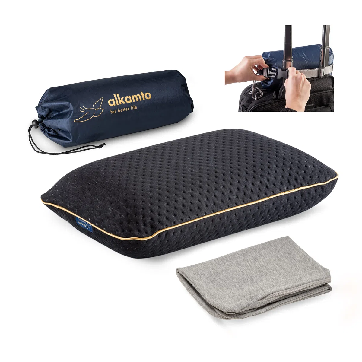 alkamto Almohada de Viaje Almohada de Camping – Espuma viscoelástica con Funda de algodón Adicional – Bolsa incluida (40 x 25 x 10 cm), Color Negro