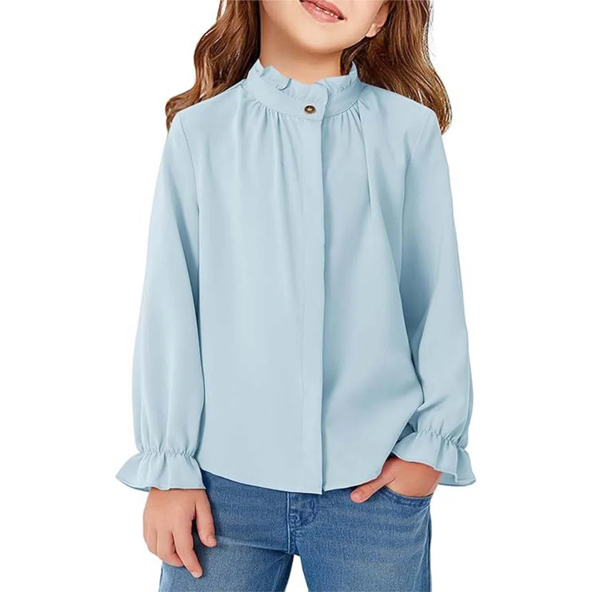 Camisa de manga larga para niñas, con botones, cuello con volantes, casual, para la escuela, formal, camisa de princesa suave