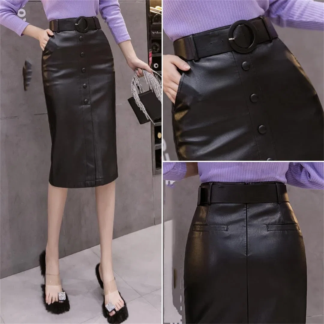 Otoño Invierno Faux PU Cuero Mujeres Envoltura Faldas Cintura Alta Oficina Envoltura Sexy Lápiz Faldas
