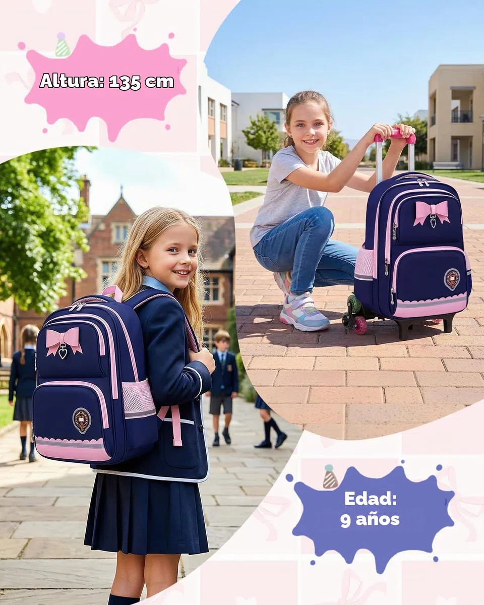 Amythe Mochila Ruedas para Niña Primaria con Bandas Reflectantes, Azul | Mochilas Carro Extraíble 6 Ruedas, Mochila Colegio Niñas 6 a 10 Años, Hidrorrepelente, con Correa Pectoral, Vuelta al cole