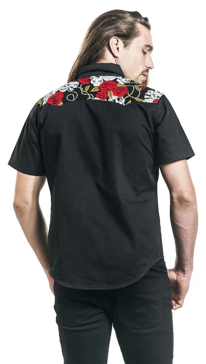 Banned Alternative Skull Rose Hombre Camisa Manga Corta Negro 60% poliéster, 40% algodón Regular