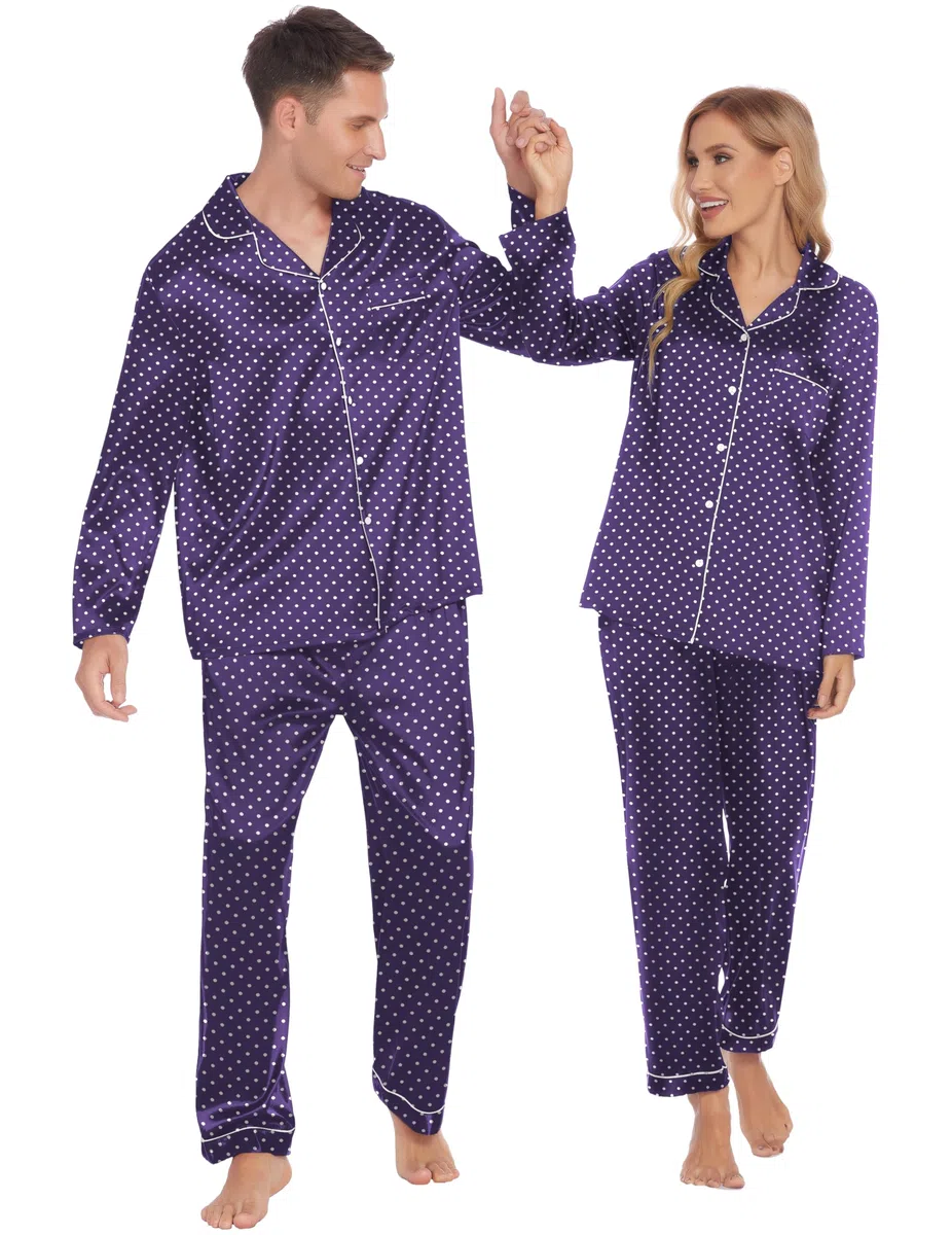 Ekouaer Pijamas a juego para parejas, de seda, de manga larga, de satén, suave, con botones, tallas S-XXL, blanco, azul marino (Navy White Polka Dots), Small