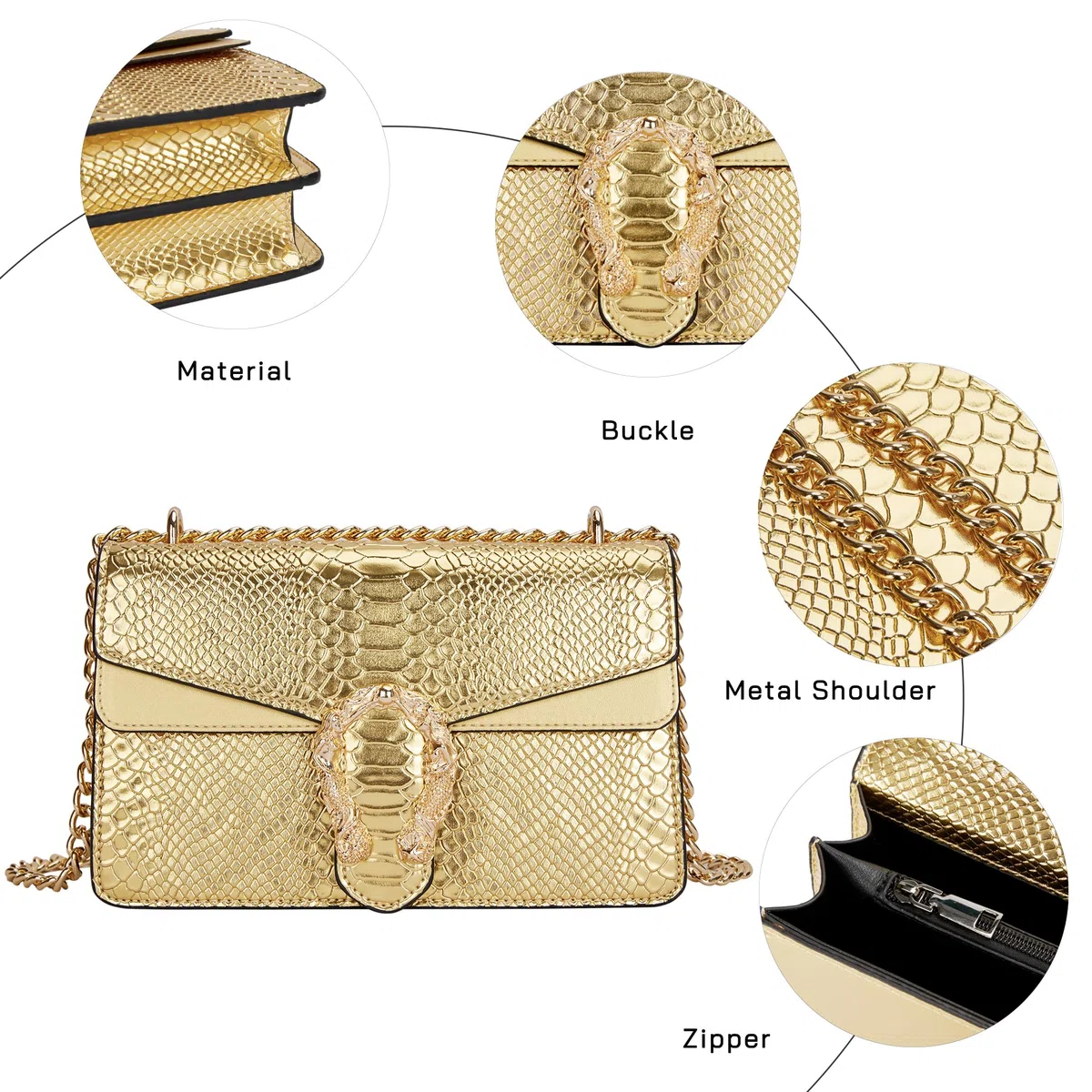 Bolso bandolera y de mano, de piel sintética, de mujer, con estampado de serpiente clásico, con cadena.