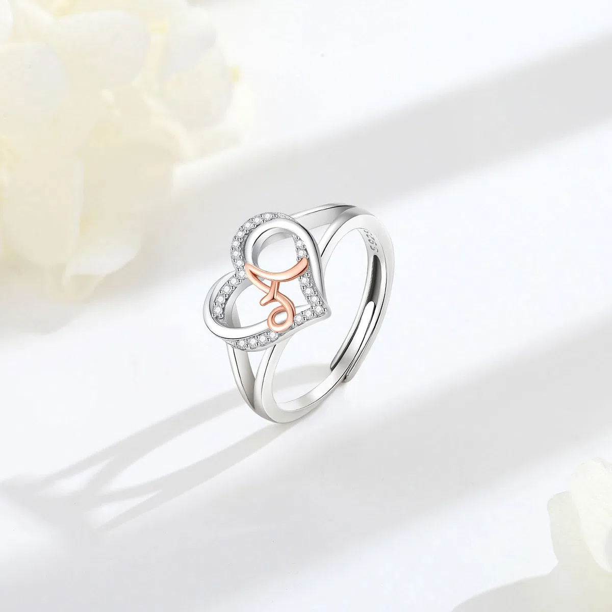 INFUSEU Anillo Iniciales, Plata de Ley 925 Anillos Abiertos Letras Forma Corazón Nombre Inicial Alfabeto A-Z Joyería Personalizada Ajustable Regalos para Mujeres Damas Niñas