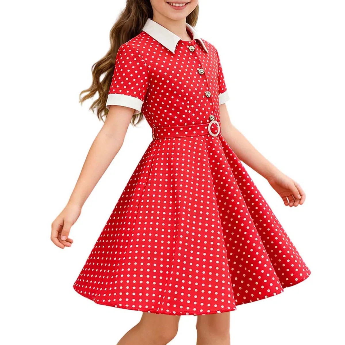 Vestido ajustado de estilo costero con cuello redondo y estampado de lunares, sin tirantes y con abertura frontal, ideal para niñas de 5 a 12 años, de punto piqué, cintura elástica y fácil de lavar