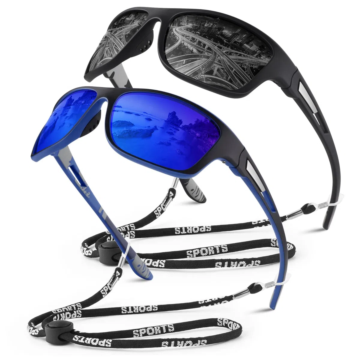 Gafas de sol polarizadas para hombres y mujeres, gafas rectangulares de conducción de pesca, protección UV400, Marco negro/lente ahumado + marco negro/lente espejo azul oscuro, Medium