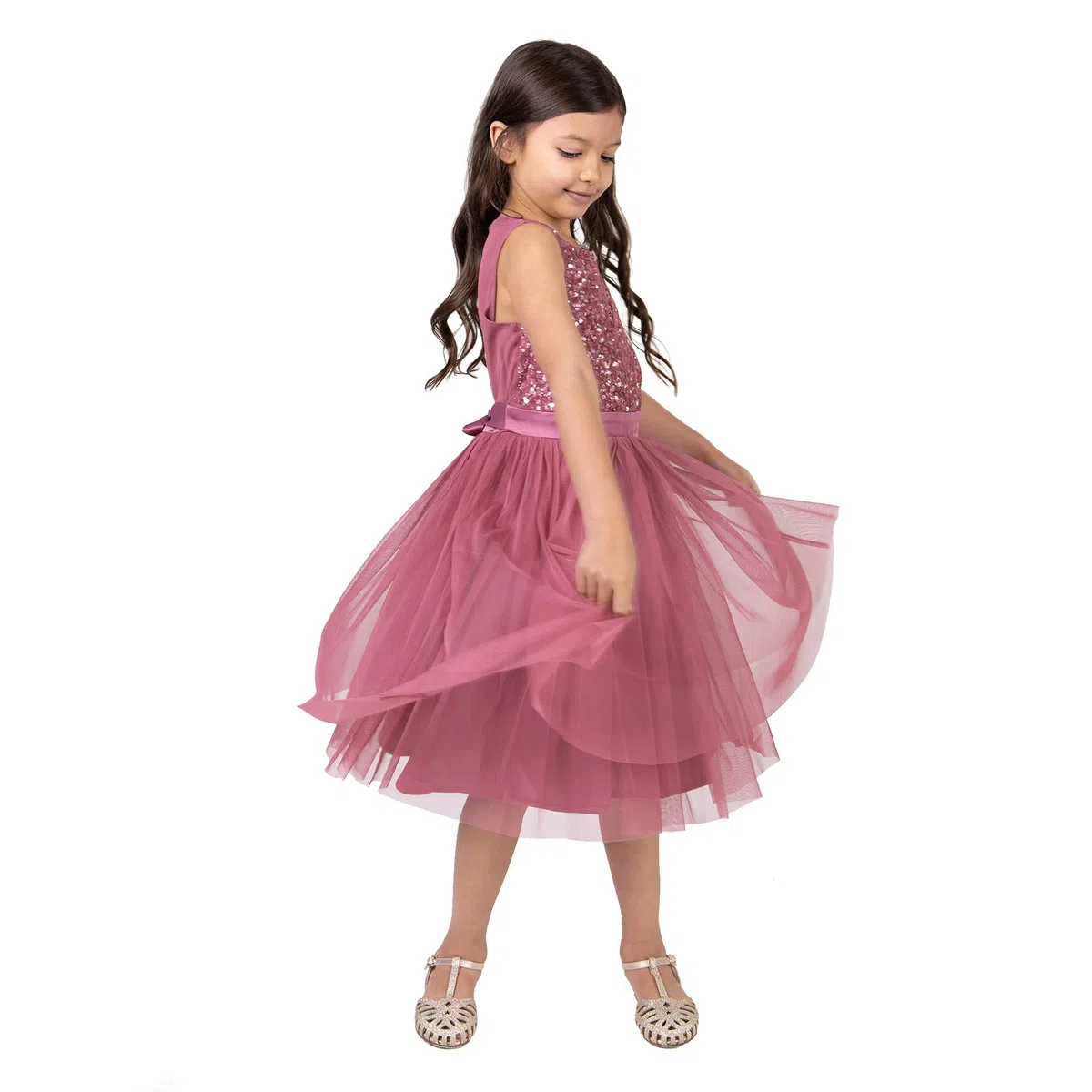 Maya Deluxe Vestido Midi para Niñas con Lentejuelas Adornadas para Fiesta, Tutú, Damas de Honor, Boda con Lazo para Cinturón Vestido Niñas