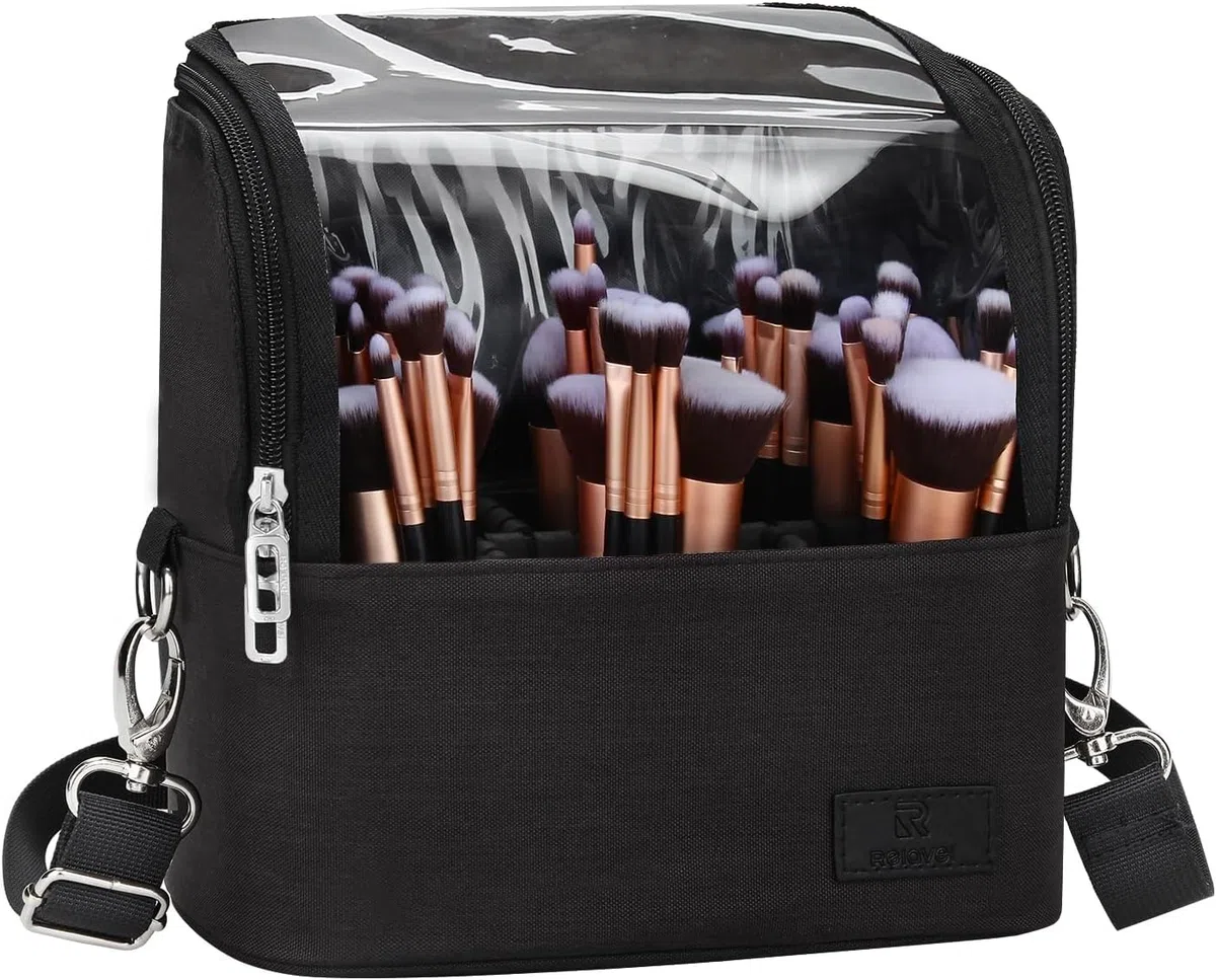 Neceser de maquillaje, bolsa para pinceles de maquillaje, organizador de maquillaje, bolsa de aseo de pie, resistente al agua, maletín de cosméticos con divisor ajustable, para mujeres y niñas