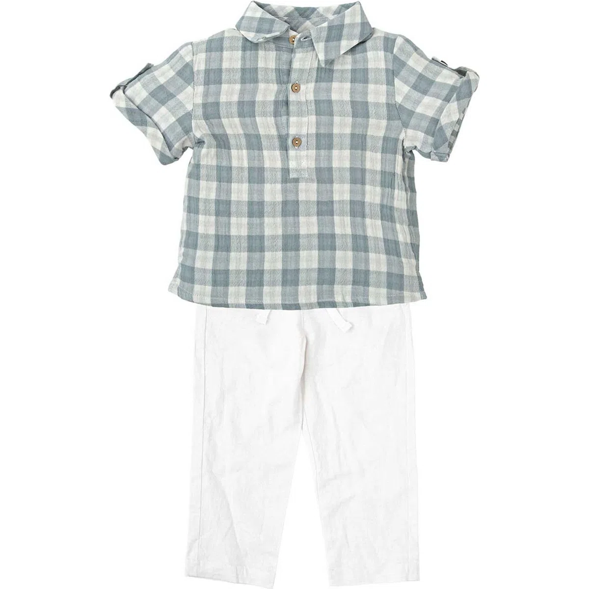 BABIDU Conjunto para Bebé y Niño con Camisa de Manga Corta a Cuadros y Pantalón Largo Blanco, Cuello Camisero, Cierre de Botones y Tejido Fresco, Ideal para Verano y Ocasiones Especiales