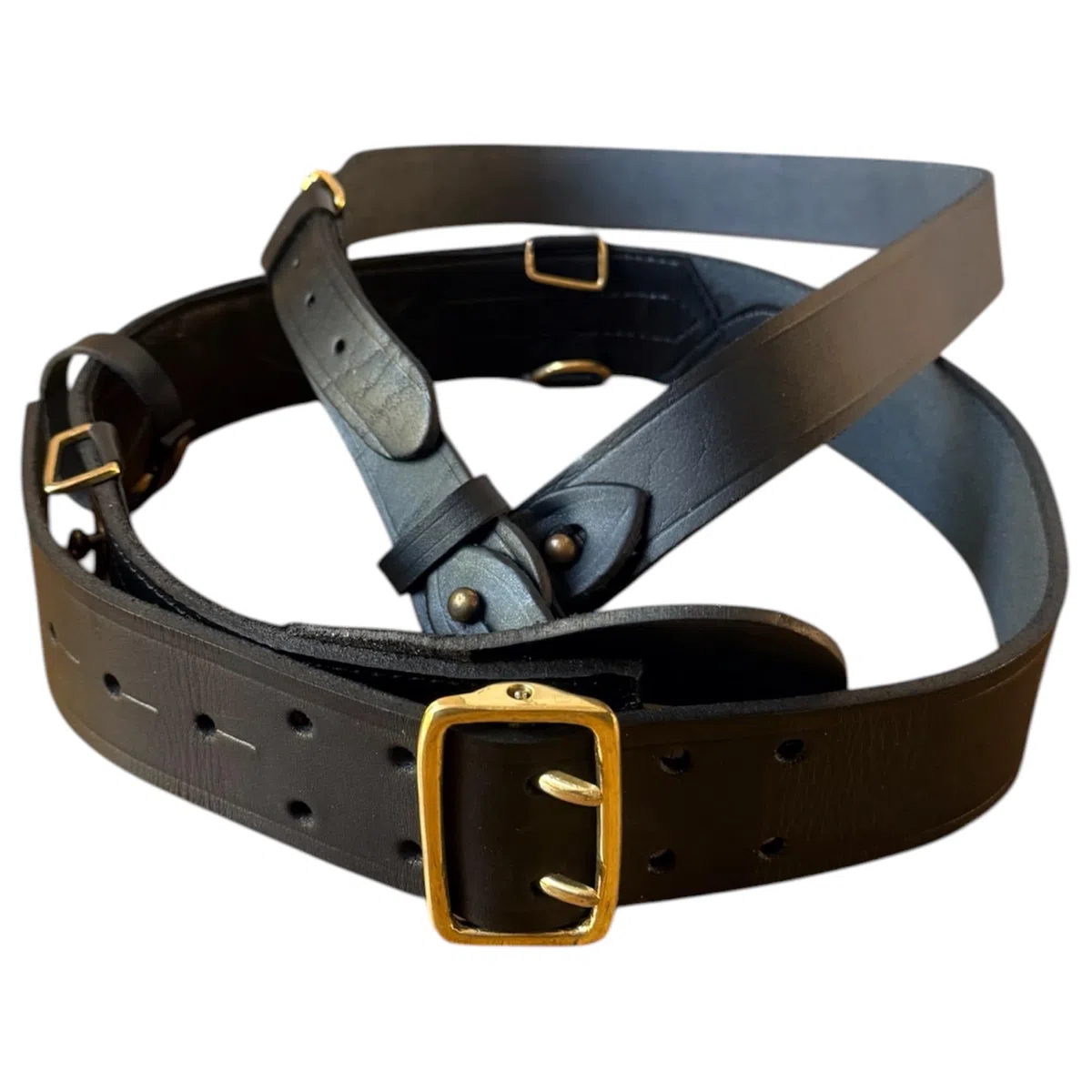 Cinturón de cuero negro Sam Browne con correa para el hombro, cinturón de cuero genuino estilo policía y militar, cinturón ajustable con hebillas de latón dorado macizo para uniformes, ceremonias y