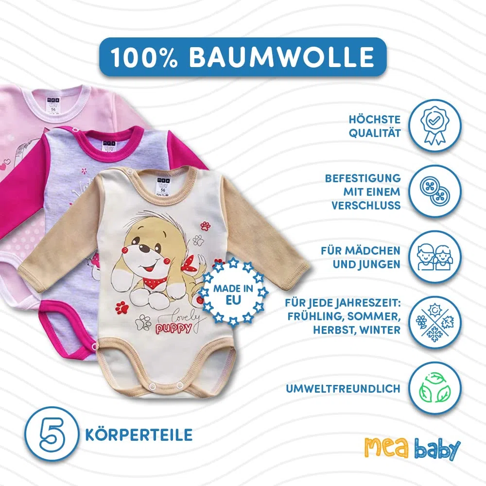 MEA BABY Body unisex de manga larga para bebé, 100 % algodón, en paquete de 5 unidades, con estampado, para niñas, bebés y niños