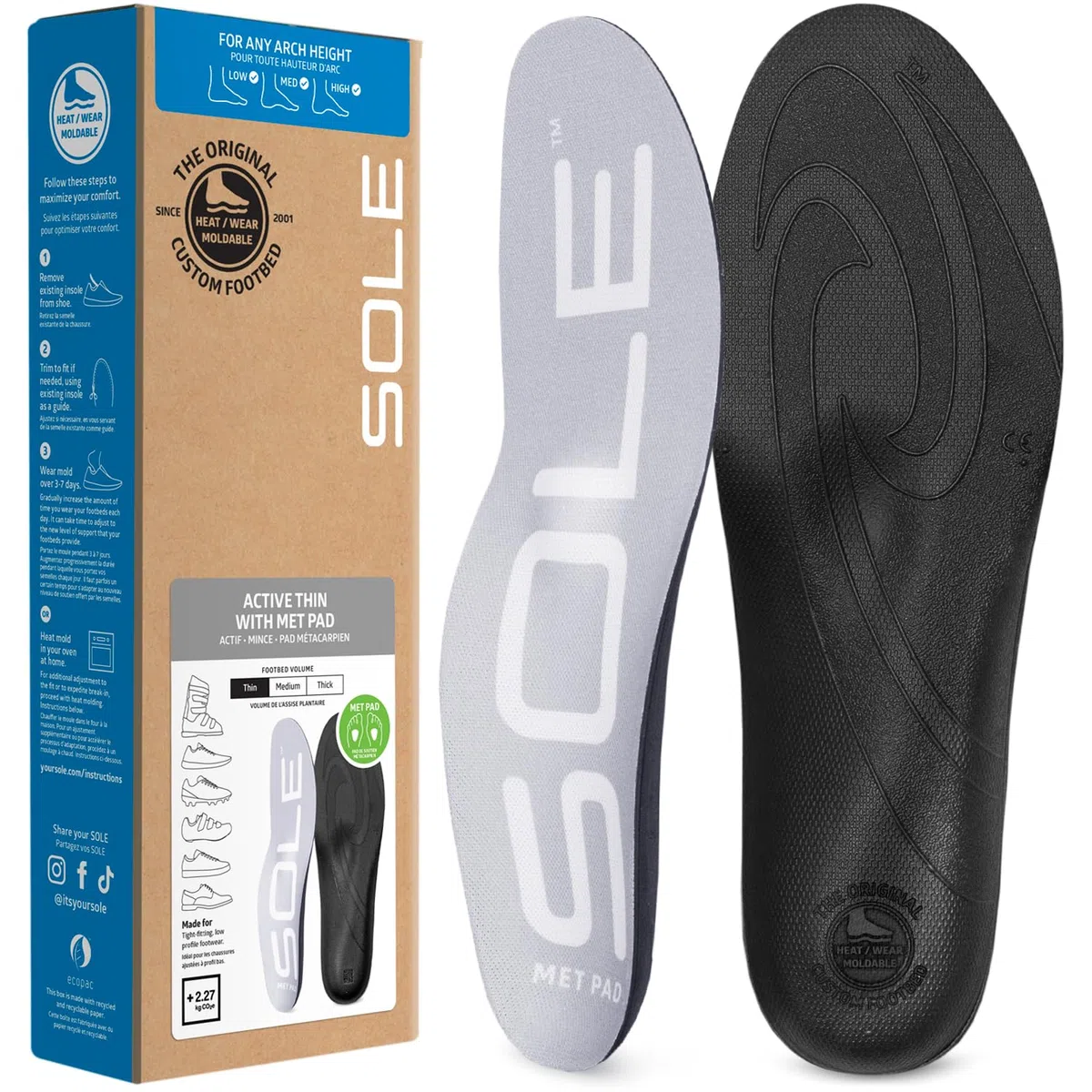 Plantillas SOLE Active Thin con almohadilla metatarsiana - Alivio de la fascitis plantar - Talla 4 para hombre/Talla 6 para mujer