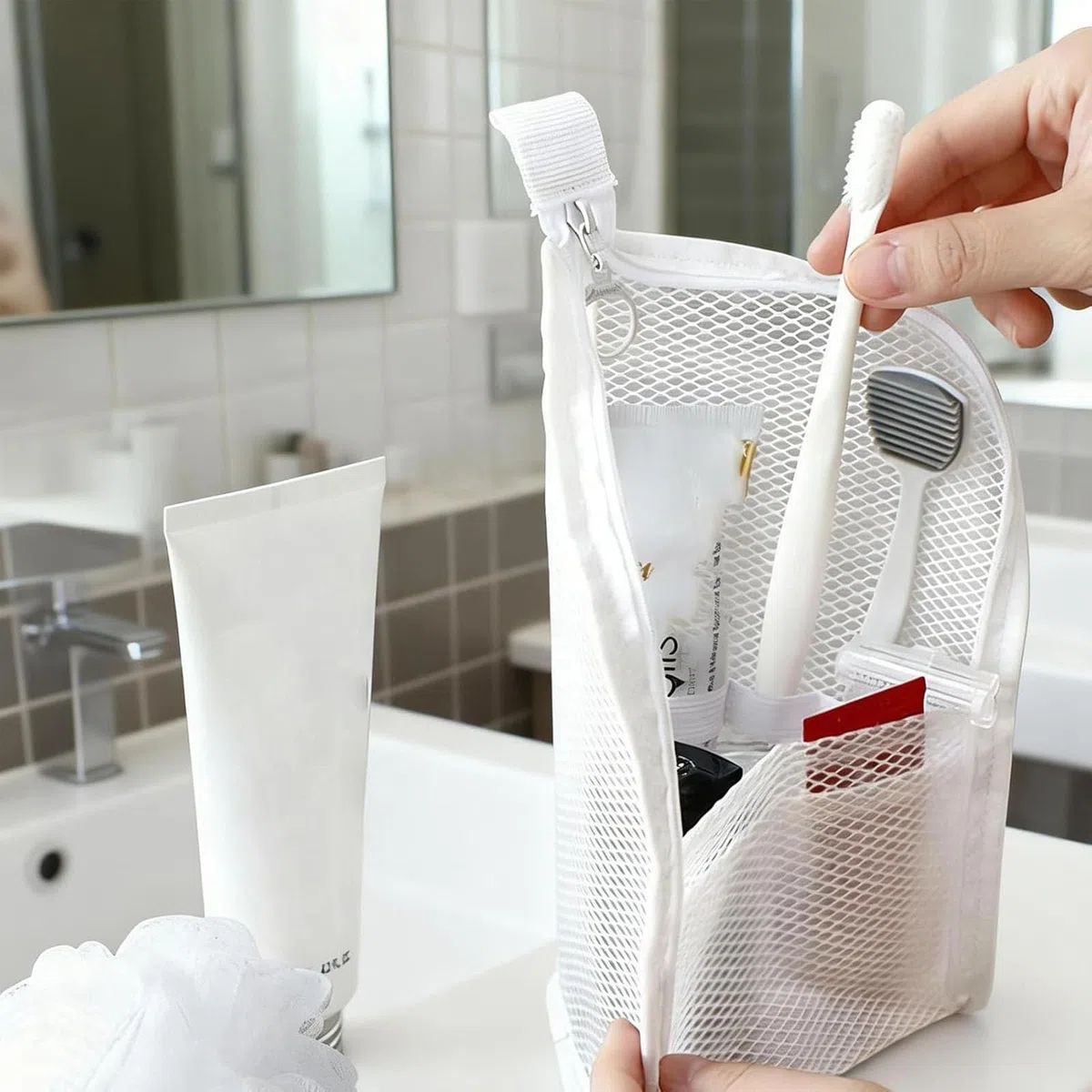 Neceser de pie portátil de malla EVA, organizador de cosméticos independiente, impermeable, plegable, transparente, para viajes, almacenamiento de cepillos de dientes de baño