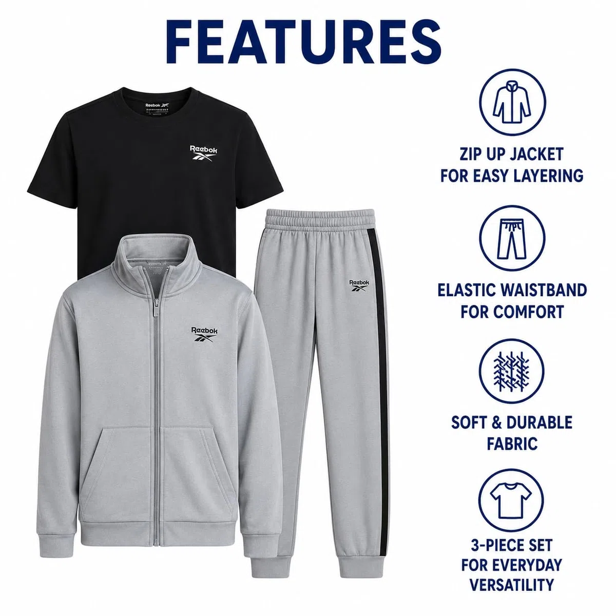 Reebok Conjunto deportivo de 3 piezas con chaqueta de punto con cremallera, camiseta y pantalones deportivos para niños