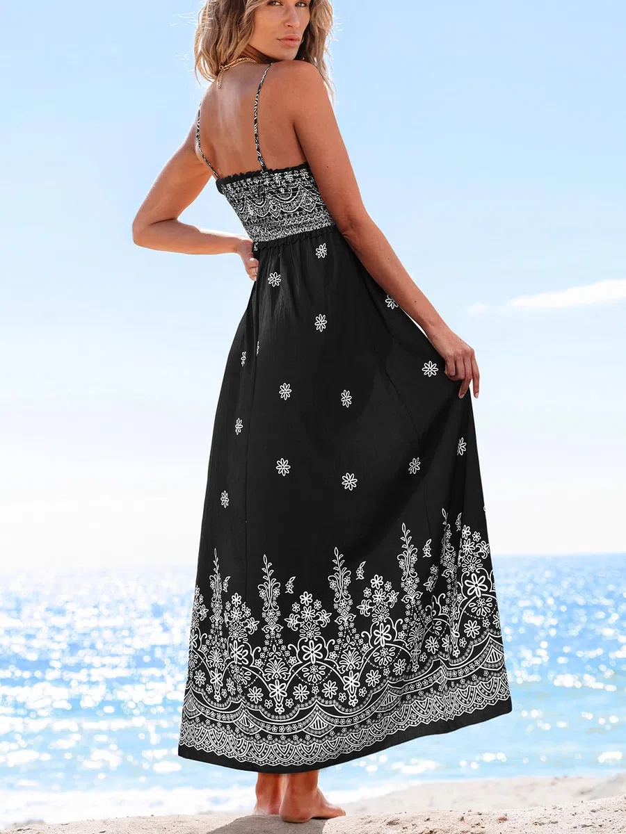 CUPSHE Vestido largo para mujer, floral, fruncido, sin mangas, con volantes, tirantes delgados, vestido formal largo para la playa