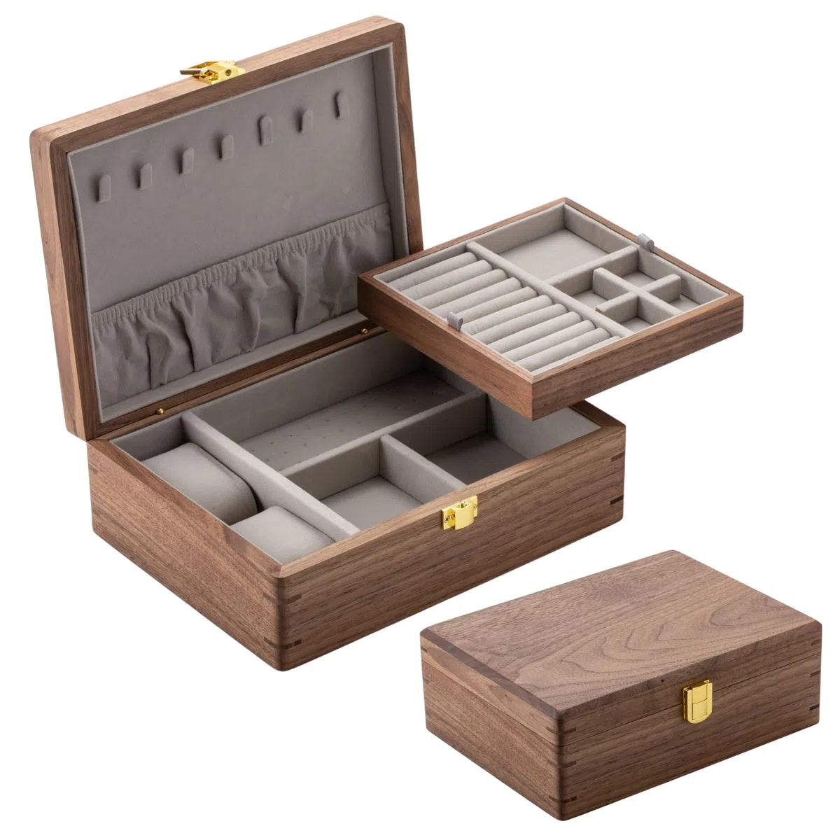 muso wood Joyero de madera de nogal auténtico, 2 niveles, caja de joyería de lujo, para collares, pulseras, pendientes, anillos, relojes, con cierre de metal