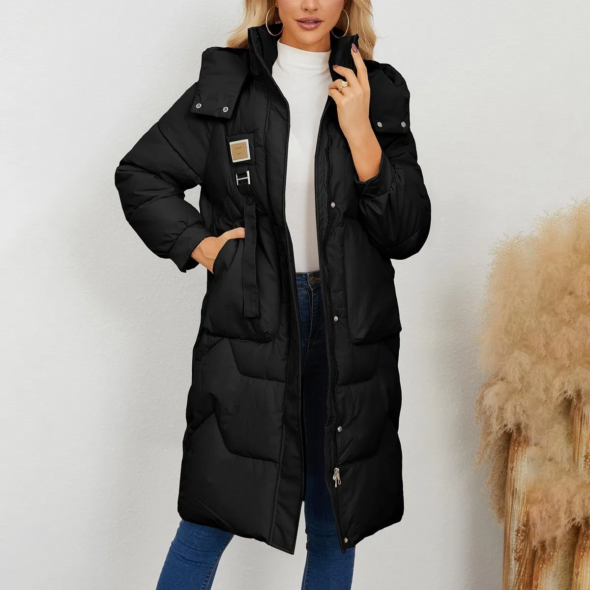 Abrigo de plumas para mujer, largo de invierno, grueso, abrigo de invierno, cálido, con capucha, chaqueta de plumón, cómoda chaqueta amortiguadora, cuello alto, abrigo largo acolchado, ligero