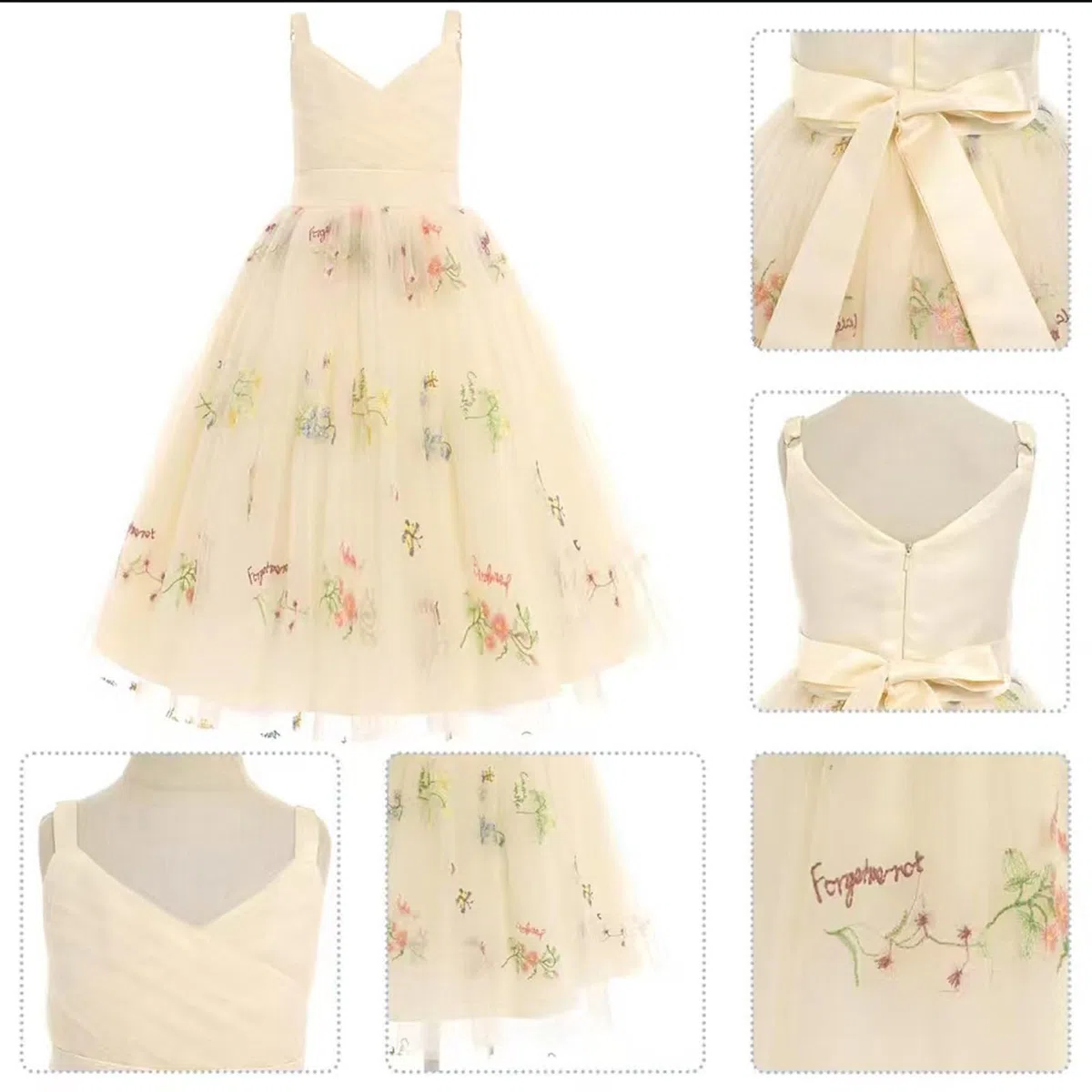 Genérico Vestido de cumpleaños Infantil con Tirantes de Encaje Bordado (3 a 14 años) (Beige, 12-14 Years)